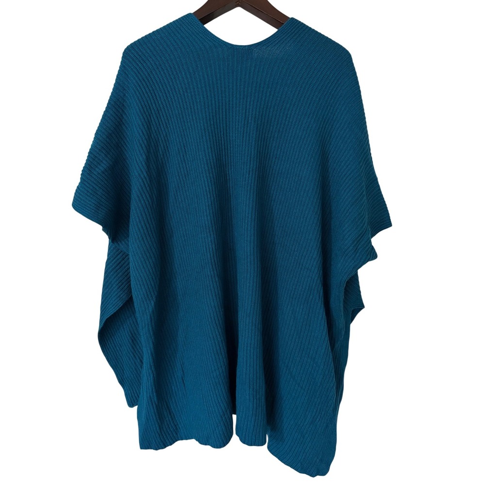 The‎ Limited Teal Blue Ribbed Knit Poncho Wrap One Size Wool Blend NWT - Picture 4 of 7